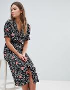 Influence Shirred Sleeve Floral Midi Dress - Black