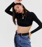 Collusion Long Sleeve Crop Top With Toggle Ruched Channel - Black