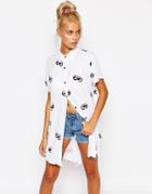 Lazy Oaf Oversized Longline Short Sleeved Shirt In Googly Eye Print - White