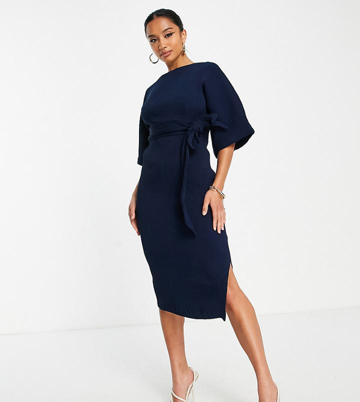 Closet London Petite Ribbed Pencil Midi Dress In Navy