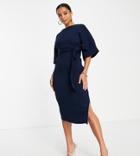 Closet London Petite Ribbed Pencil Midi Dress In Navy