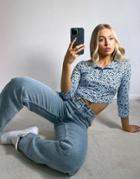 Missguided Button Through Top With Long Sleeve In Blue Floral-blues