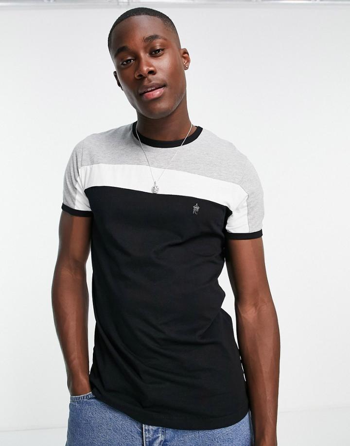 French Connection Color Block T-shirt In Black & Light Gray