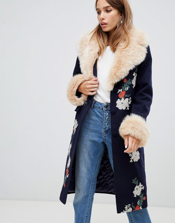 Dolly & Delicious Floral Embroidered Coat With Faux Fur Trim In Khaki Navy - Navy