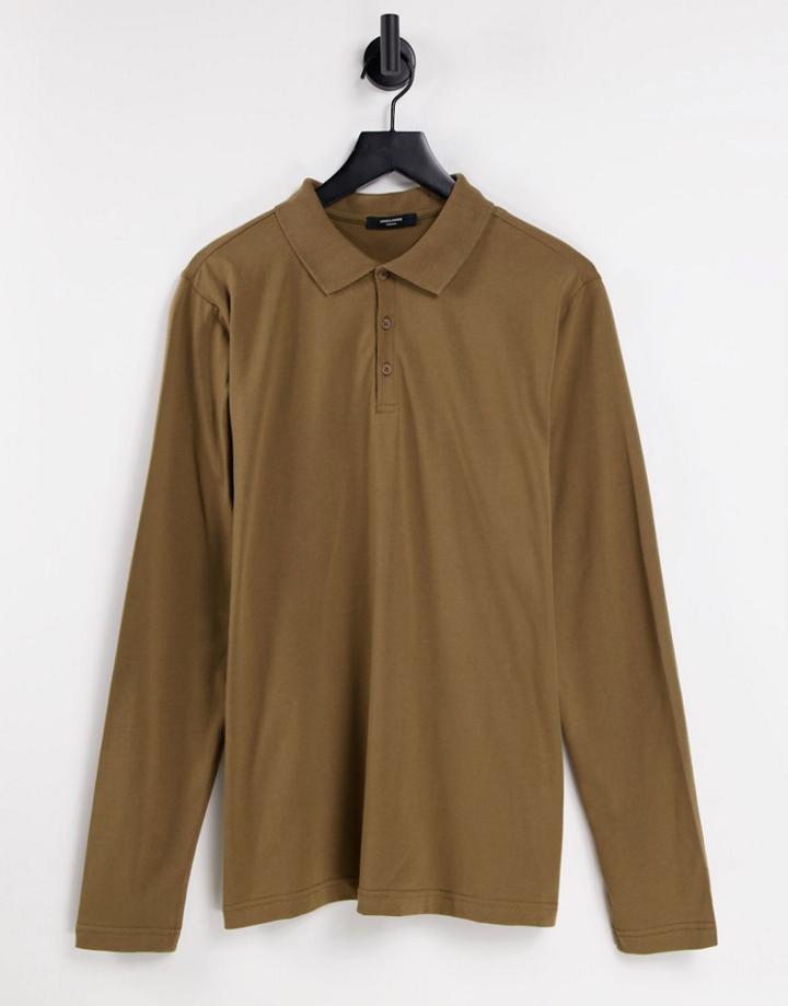 Jack & Jones Premium Stretch Polo With Long Sleeves In Brown