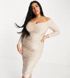 Club L London Plus Sweetheart Neck All Over Ruched Midi Pencil Dress In Mushroom-grey