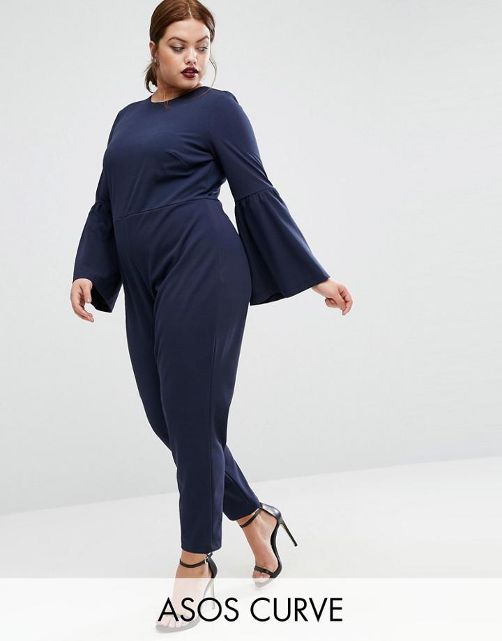 Asos Curve Jumpsuit With Bell Sleeves And Cut Out Back - Navy