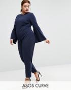 Asos Curve Jumpsuit With Bell Sleeves And Cut Out Back - Navy
