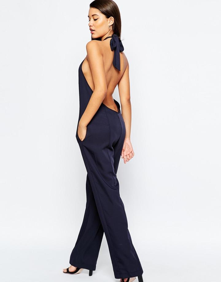 Asos High Neck Open Back Jumpsuit - Navy