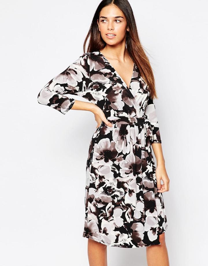 B.young Rose Print 3/4 Sleeve Wrap Dress - Phantom