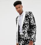 Asos Edition Tall Slim Tuxedo Suit Jacket In Monochrome Floral Jacquard - Black