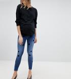 Asos Design Maternity Ridley High Waist Skinny Jeans In Dark Stone Wash With Large Flock Spots - Blue
