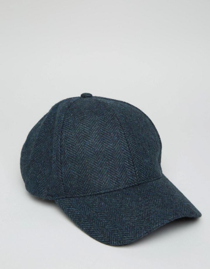 Asos Baseball Cap In Herringbone - Navy