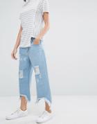 Daisy Street Relaxed Wide Leg Jeans With Raw Hems And Distressing - Blue