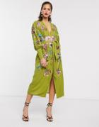 Asos Edition Embroidered Velvet Wrap Midi Dress-green