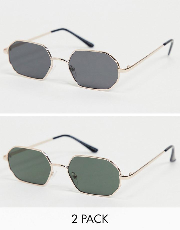 Svnx 2 Pack Hexagon Sunglasses In Black And Green With Gold Trims-multi