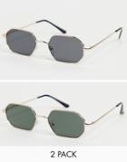 Svnx 2 Pack Hexagon Sunglasses In Black And Green With Gold Trims-multi