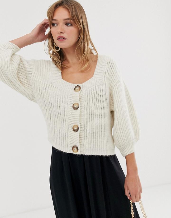 Asos Design Square Neck Cardigan With Volume Sleeve - Cream