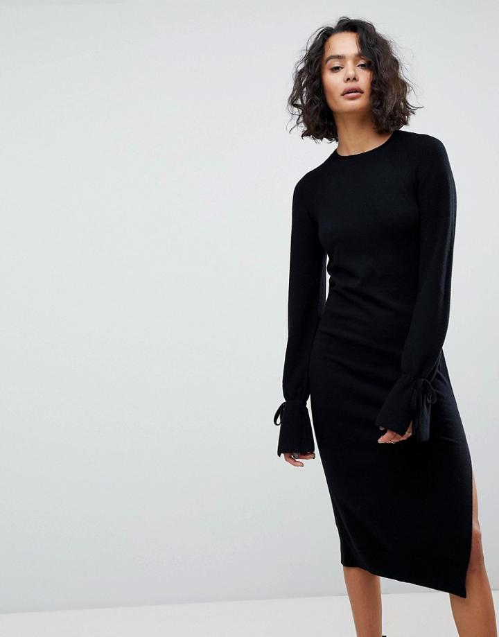 Allsaints Midi Knit Dress With Tie Sleeves - Black
