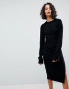 Allsaints Midi Knit Dress With Tie Sleeves - Black