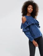 Asos Ruffle Front Cold Shoulder Top In Blue - Blue