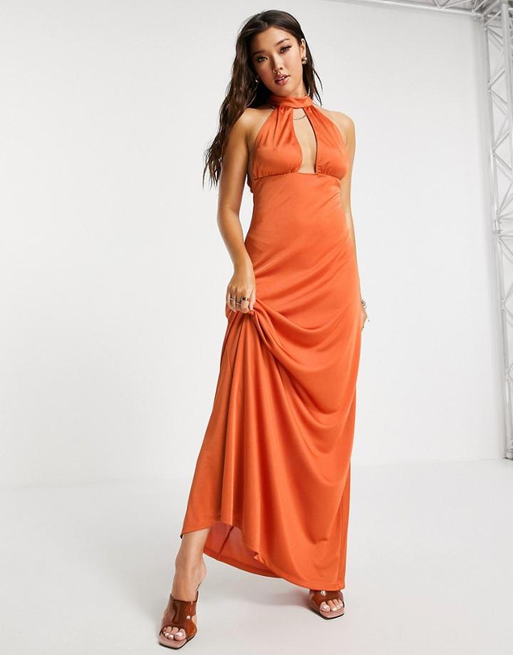 Asos Design Satin 70s Halter Maxi Dress In Rust-copper