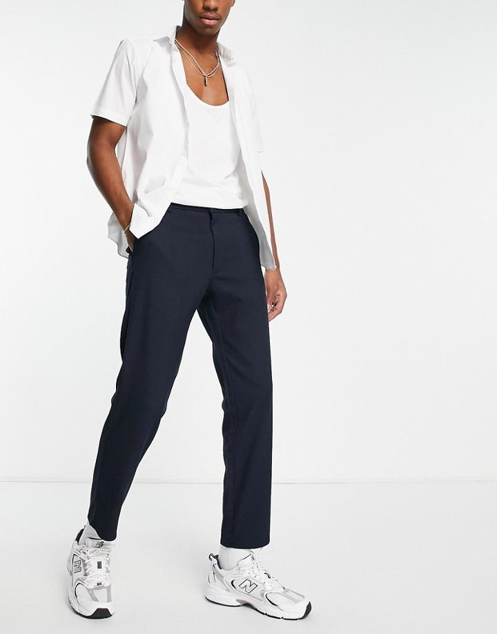 Bershka Straight Leg Smart Pants In Navy