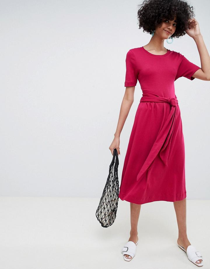 Selected Femme Tie Waist Midi Dress In Red - Red