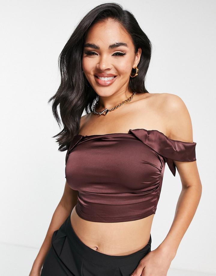 Parisian Satin Off Shoulder Top In Chocolate Brown