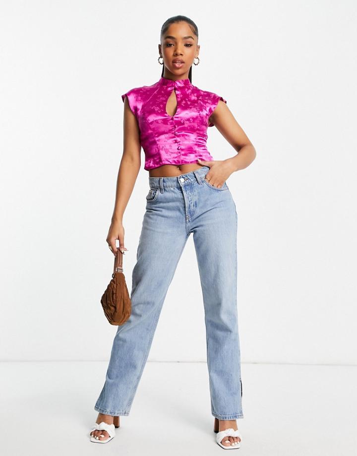 Asos Design Crop Top With Button Front And Keyhole Detail In Pink