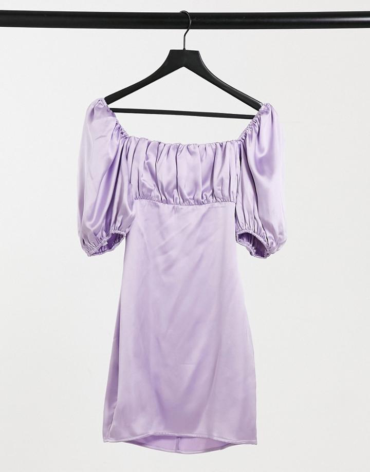Club L Satin Mini Dress With Puff Sleeves In Lilac-purple