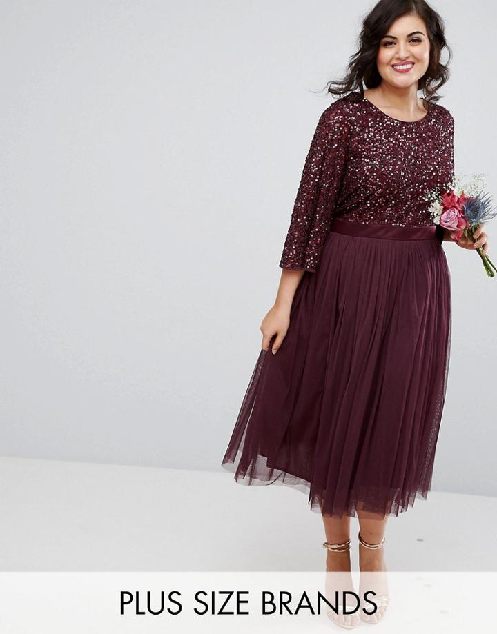 Maya Plus Bell Sleeve Midi Dress In Tonal Delicate Sequin With Tulle Skirt And Kimono Sleeve - Red