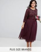 Maya Plus Bell Sleeve Midi Dress In Tonal Delicate Sequin With Tulle Skirt And Kimono Sleeve - Red