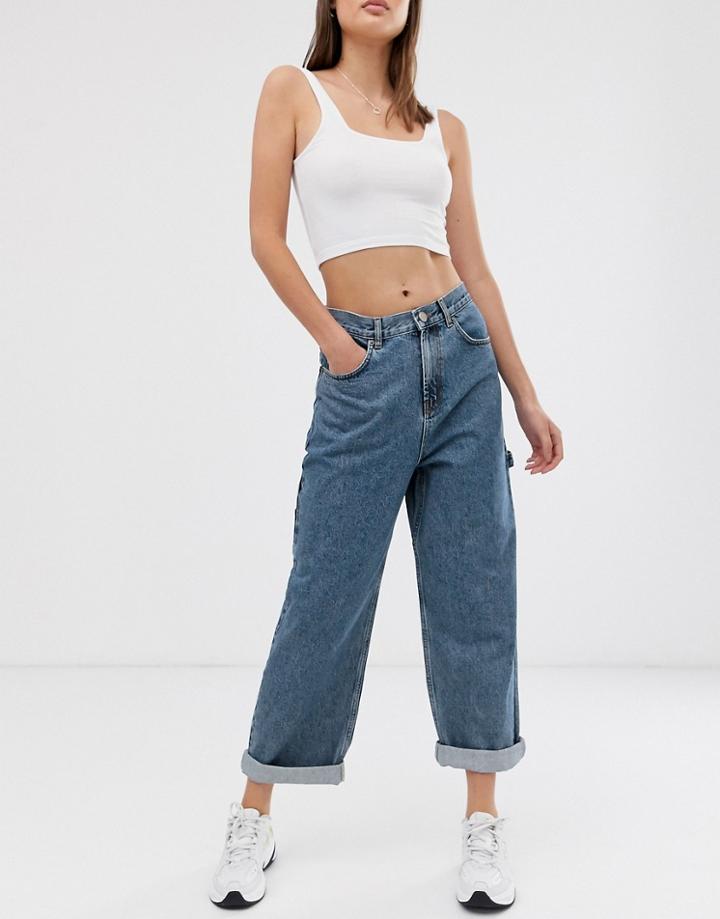 Asos Design Oversized Carpenter Boyfriend Jeans In Mid Wash Blue - Blue