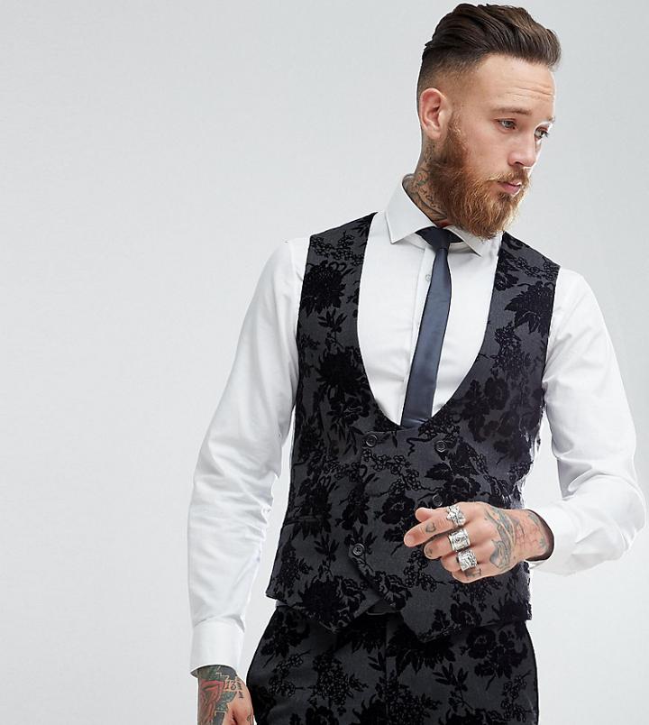Noose & Monkey Super Skinny Suit Vest In Flocking - Black
