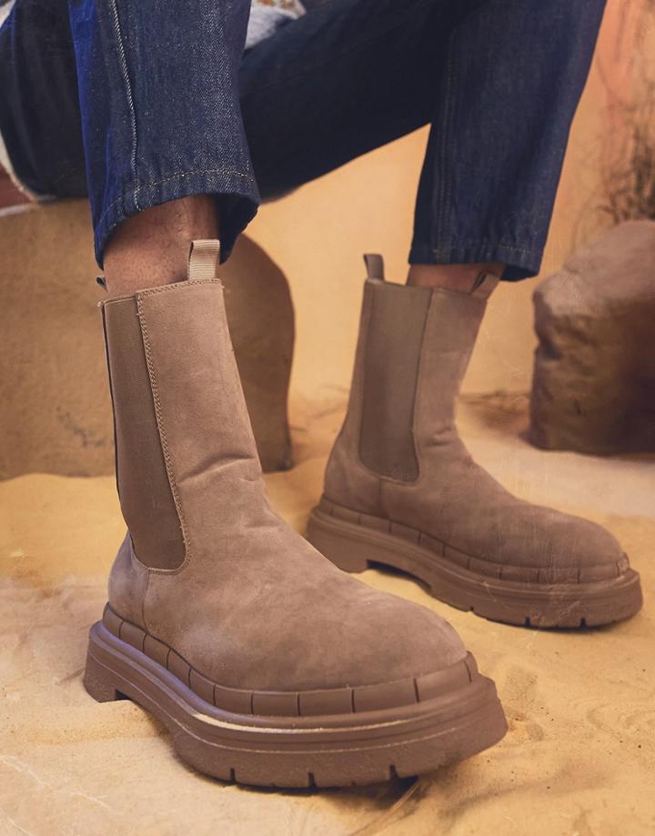Asos Design Chelsea Boots In Beige Faux Leather With Borg Lining-neutral