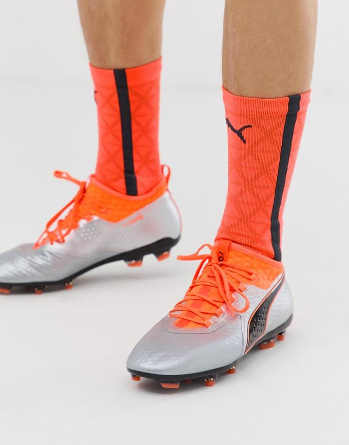 Puma One 18.2 Firm Ground Leather Soccer Boots-silver