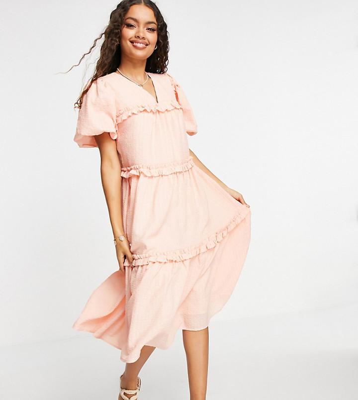 Y.a.s Petite Crepe Tiered Puff Sleeve Midi Dress In Peach-pink
