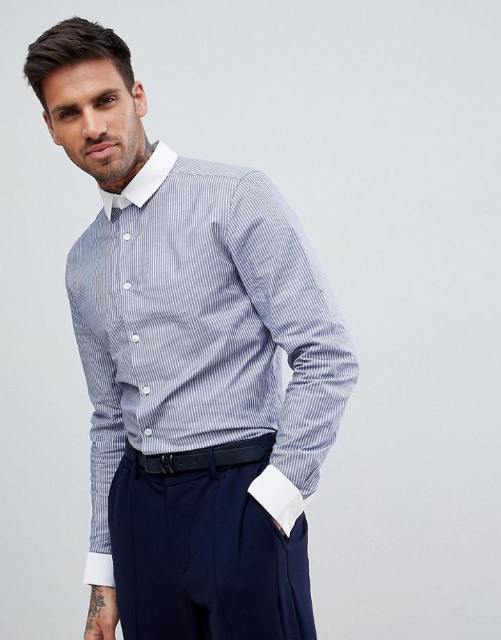Asos Smart Stretch Slim Stripe Shirt With Contrast Collar And Double Cuffs - Gray