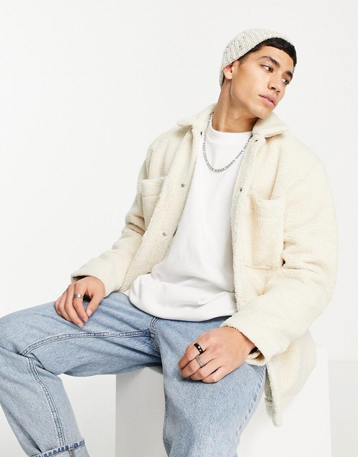 Pull & Bear Trucker Jacket In Ecru Teddy Fleece-white