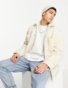 Pull & Bear Trucker Jacket In Ecru Teddy Fleece-white