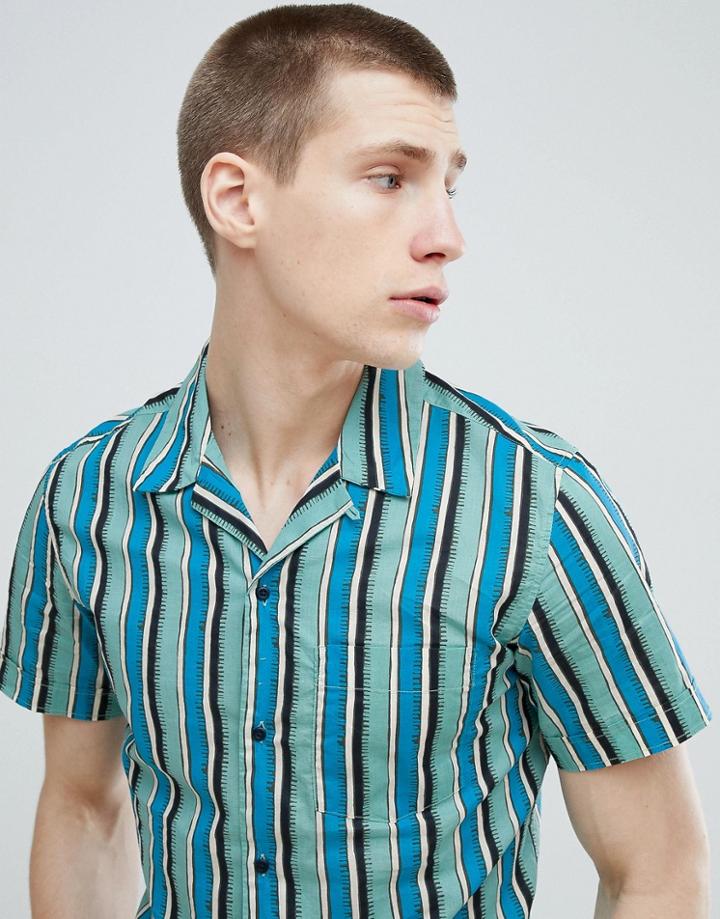 Stradivarius Short Sleeve Revere Shirt In Blue Stripe - Blue