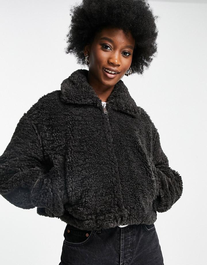 Asos Design Zip Through Borg Jacket In Brown