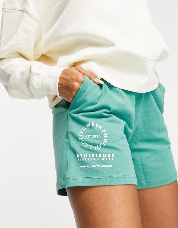Asos Weekend Collective Sweat Short With Logo In Washed Khaki - Part Of A Set-green