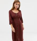 Vero Moda Petite Square Neck Button Front Midi Dress In Brown