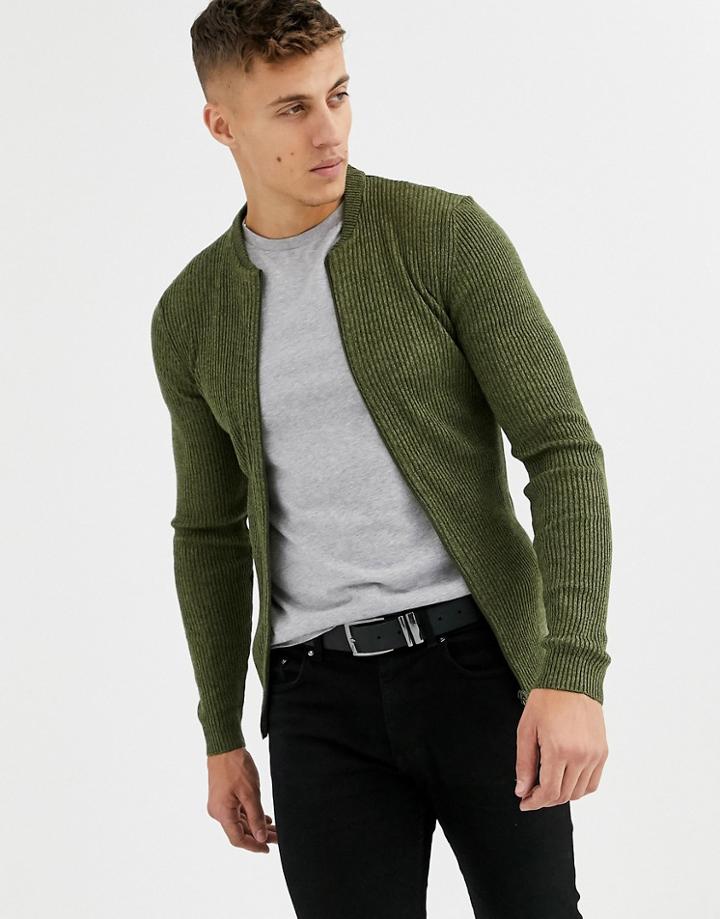 Asos Design Knitted Ribbed Bomber In Khaki