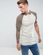 Asos Longline Muscle Fit Polo Shirt With Contrast Raglan - Beige