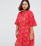 Asos Curve Premium Kimono Sleeve Mini Skater Dress In Lace - Red