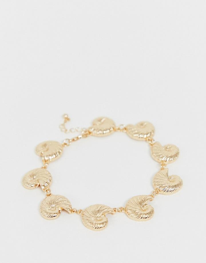 Asos Design Anklet With Metal Shell Pendants In Gold Tone - Gold