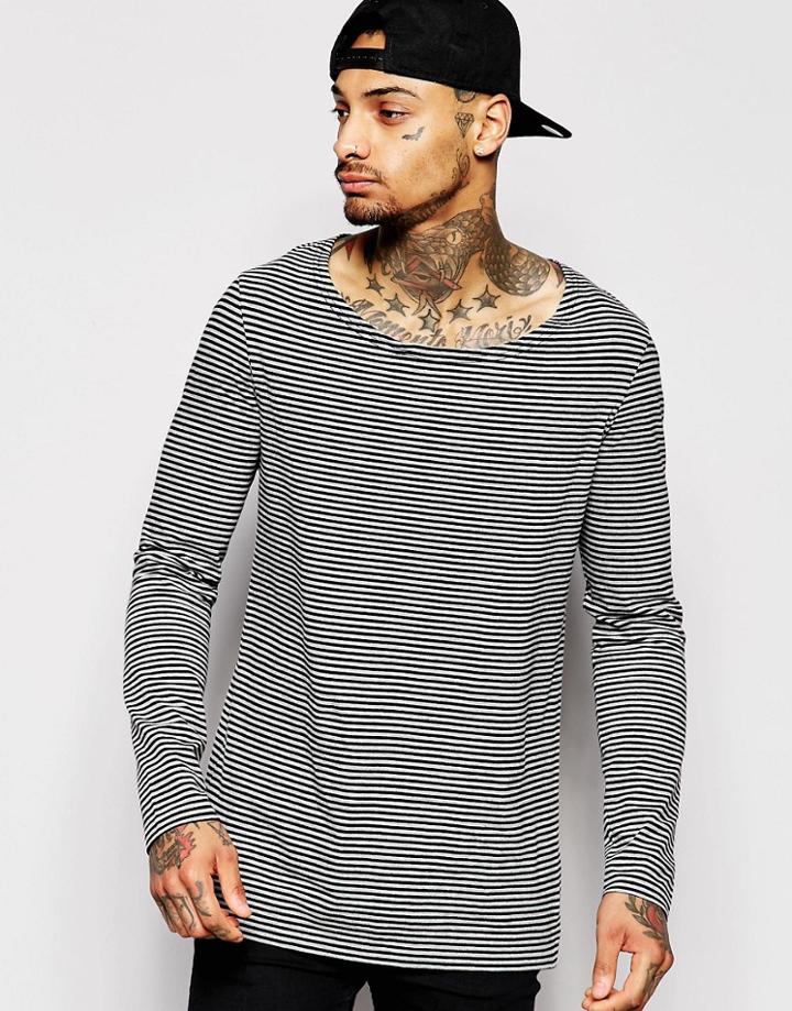 Asos Stripe Longline Long Sleeve T-shirt With Drape Neck - Gray
